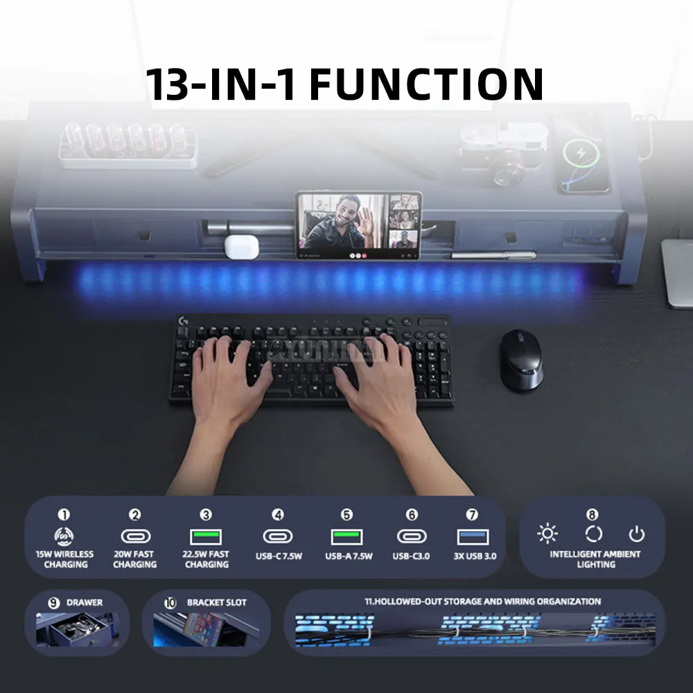 USB Riser with Storage and Drawers—Multifunctional Office Docking Station and Desktop Phone Stand