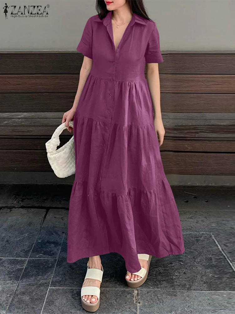 

ZANZEA Womens Elegant Tiered Maxi Dresses 2025 Fashion Turn-Down Collar Short Sleeve Button Up Shirtdress Commuting Robes Femme