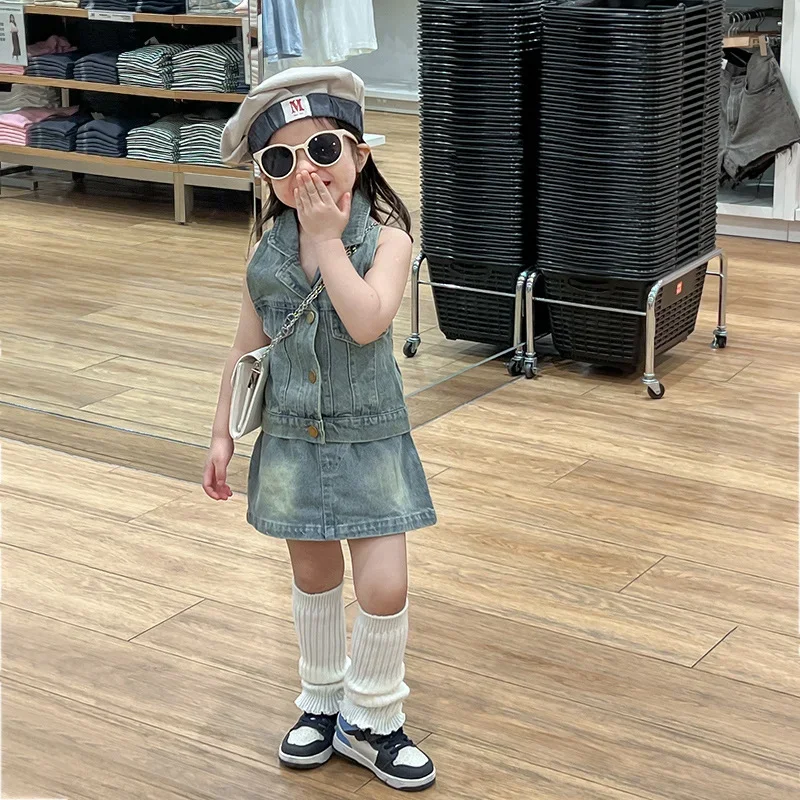 

Children Set Korean Styles 2023 Summer New Fashionable Girl Denim Vest and Skirt Casual Simple Girls Cool Two Piece Set