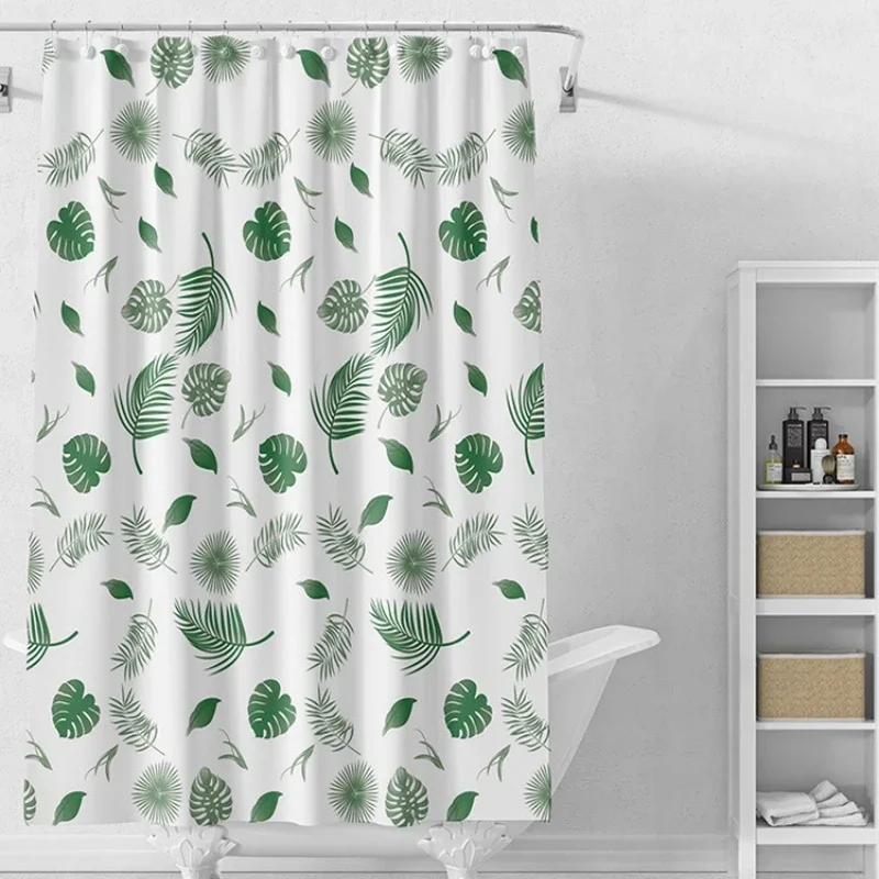 Shower Curtain Simple Wind Green Leaves Print Bathroom Curtains Waterproof Quick Dry for Toilet Modern Style 200cm PEVA Fabric
