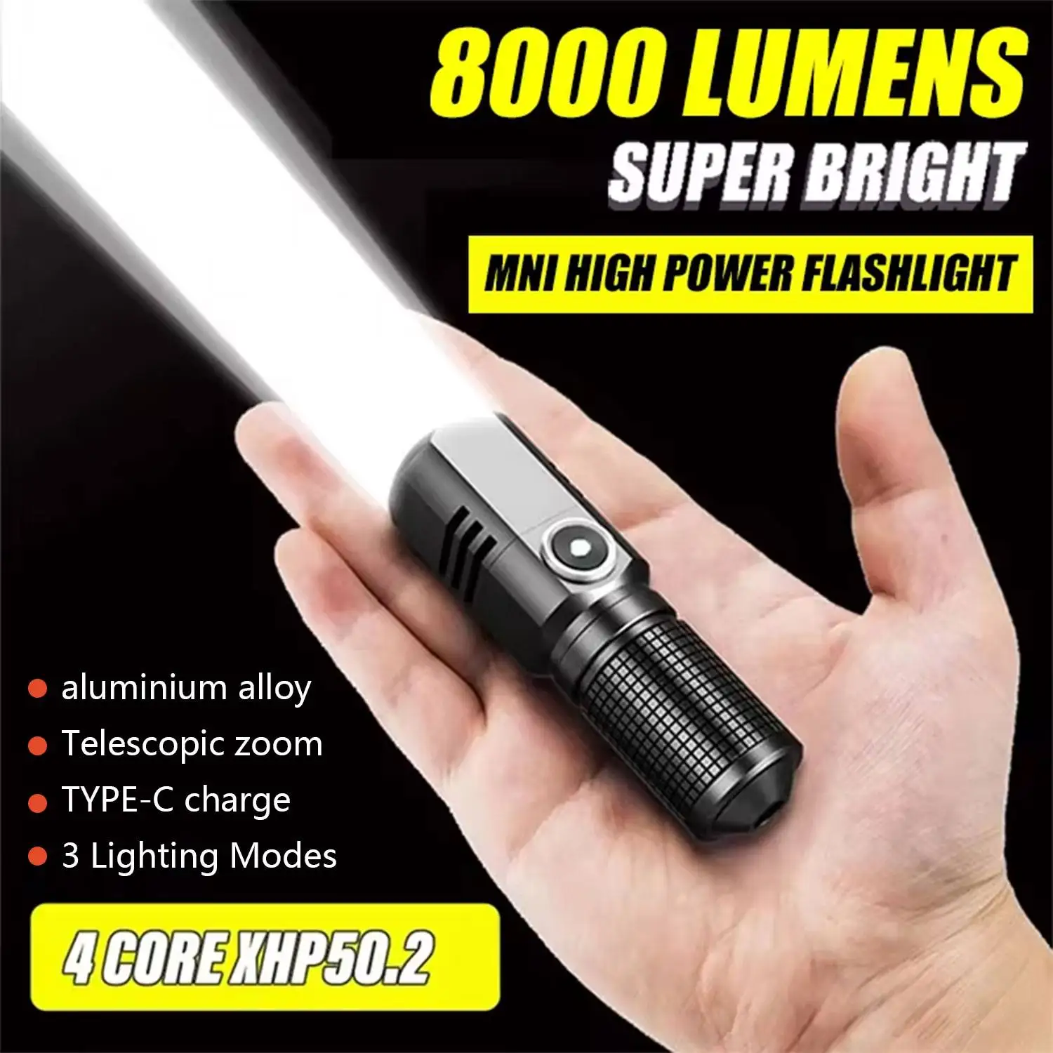 

XIWANGFIRE XHP50 LED USB C Rechargeable Mini 16340 18650 Battery Flashlight 1500lm Powerful Torch Can Be Closed with One Click