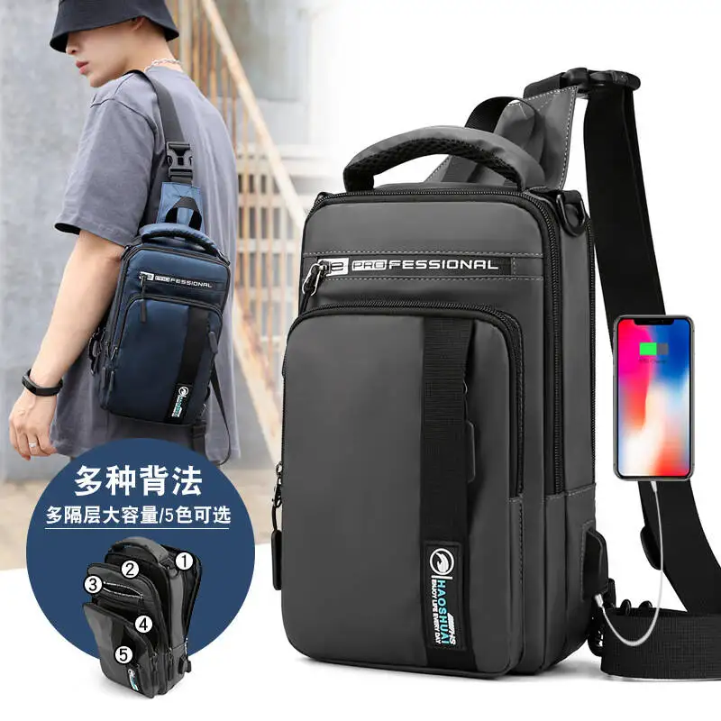 Men Small Backpack Chest Pack Shoulder Bag with USB Charging Port Travel Male Waterproof Nylon Sling Messenger Cross body Bags