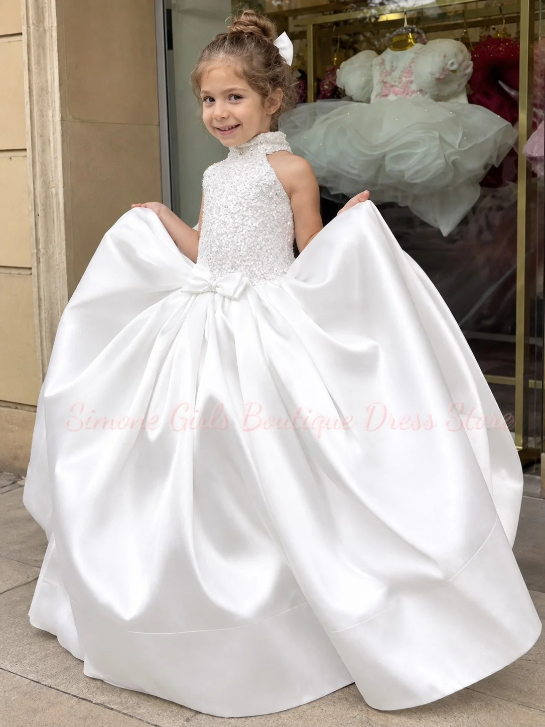 Flower Girl Dress White Satin Belt Short Sleeve For Wedding Birthday Prom Party Banquet Holy Communion Ball Gown Customized