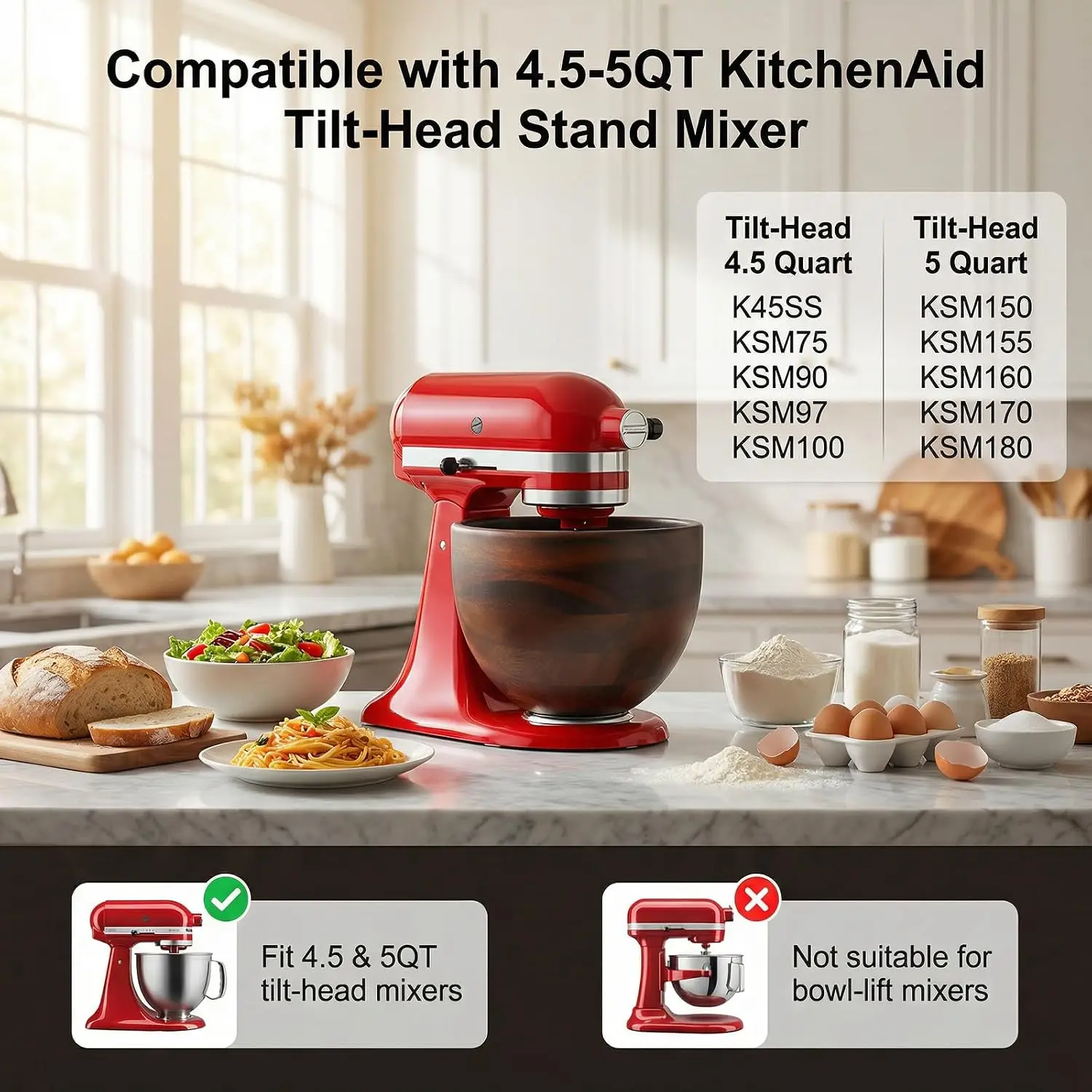 High-Grade Natural Solid Wood Mixing Bowl for 4.5-5 Qt Tilt-Head Stand Mixer, Stainless Steel Lock Base, Kitchen Mixer Accessory