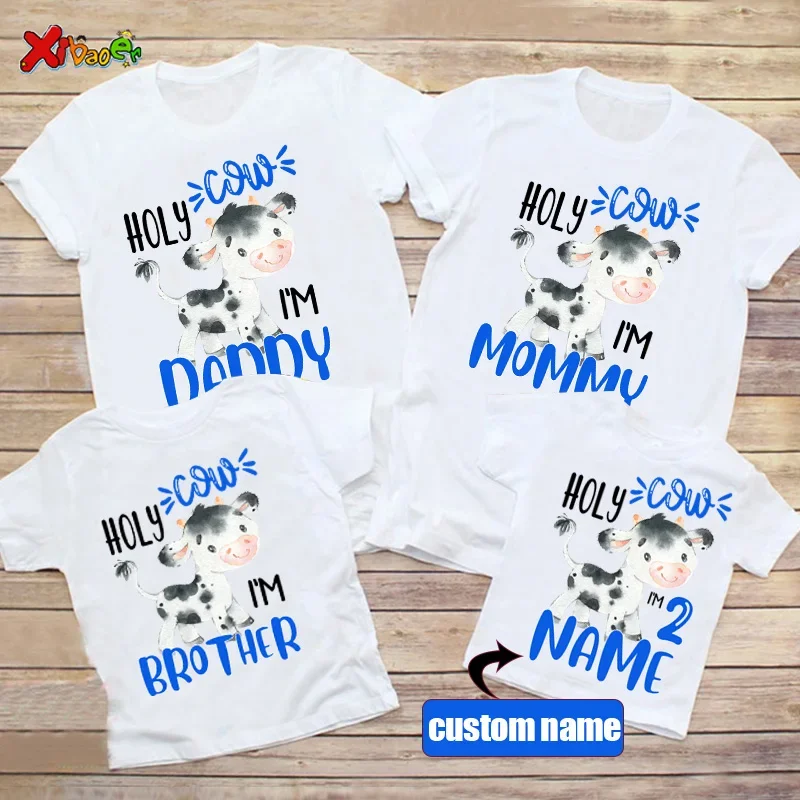 

Birthday T Shirt for Family Matching Outfit 2025 Holy Cow I'm One Shirt Custom Name Boy1st 1rd Birthday Outfits for Kids T-shirt