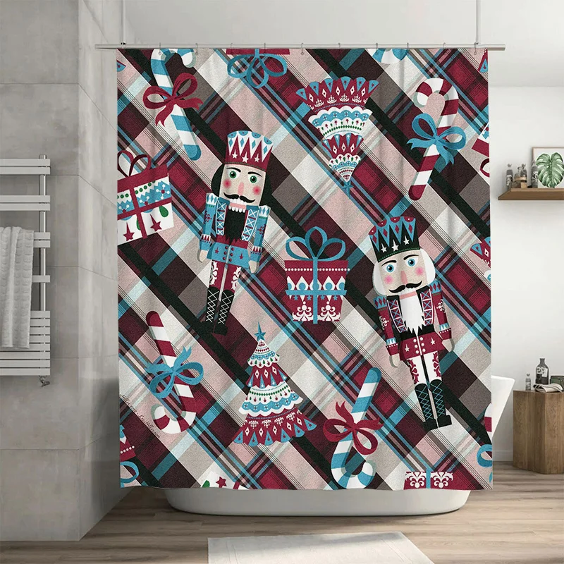 Plad Christmas Shower Curtain with Nutcracker and Candy Cane, Red Black Buffalo Check Pattern for Fun Festive Bathroom