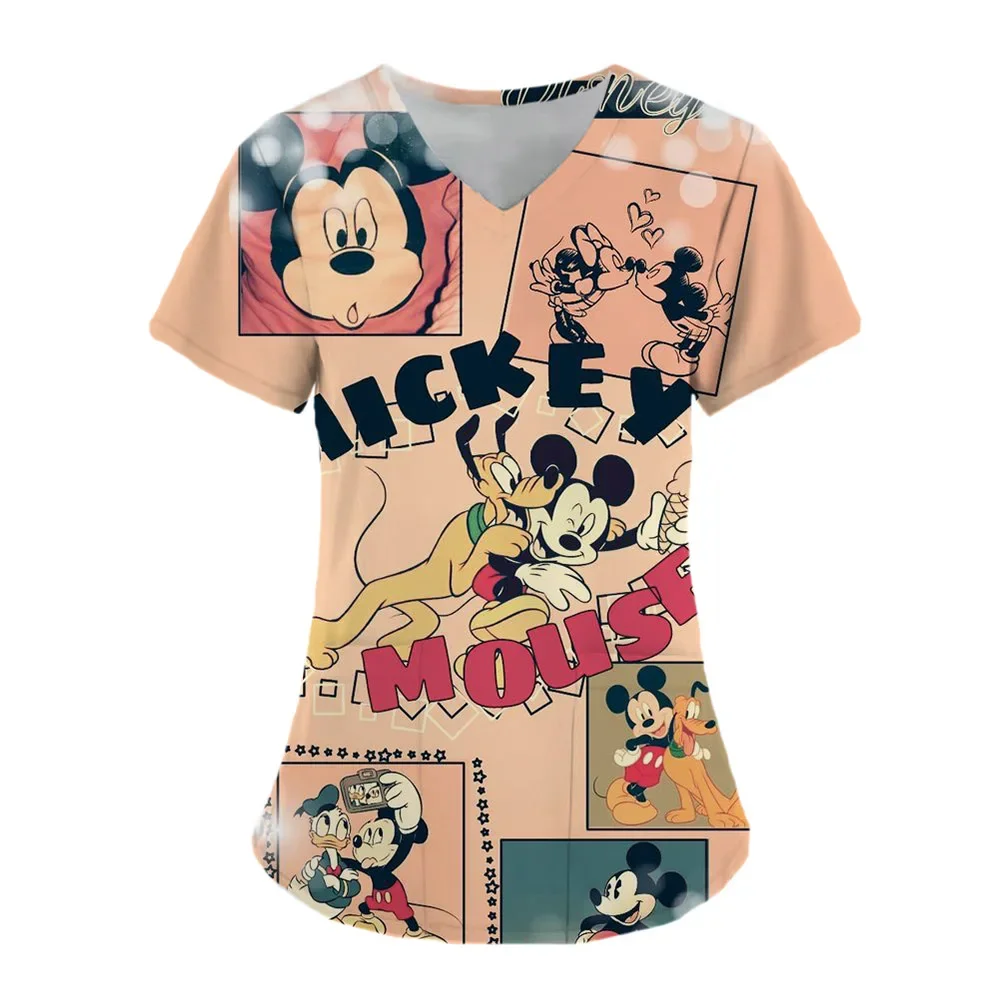 

2024 Top Nurse Uniform Top Women's Pocket Nursing Clothes Hospital Mickey Mouse Disney V-neck Beauty Salon Pet Doctor 2024