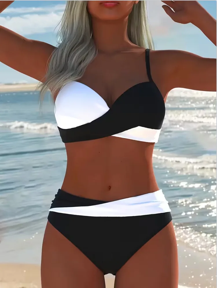 2026 Women's Black White Color Block Halter Boyleg Two Piece Bikini Set Push Up Tummy Control Sexy Swimwear Beach Panties Suits