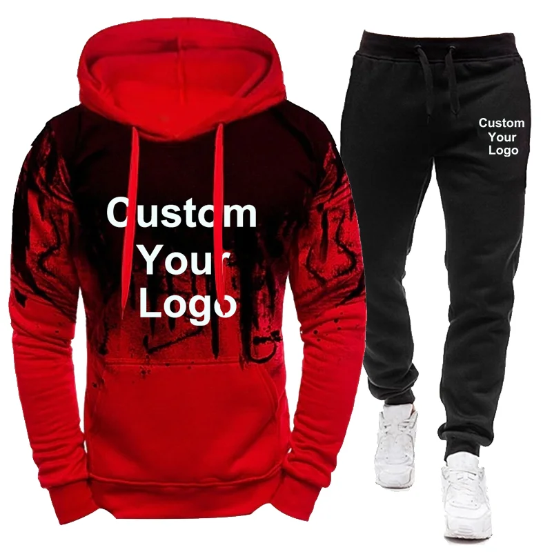 Men's Custom Logo Sportwear Suit Letter Tracksuit Streetwear Contrasting Colors Casual Two Pieces Sets Loose Hoodies Sweatpants