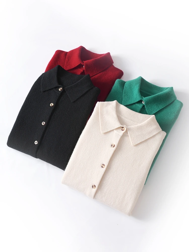 

Базовый осенне-зимний женский свитер, офисный женский трикотаж из мериносовой шерсти, кардиган с воротником-поло, одежда с длинными рукавами, топы, верхняя одежда