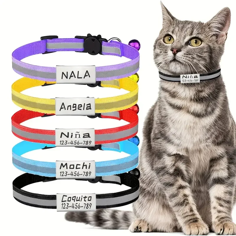

Personalized Free Engraving Reflective Cat Safety Buckle Collar Adjustable Custom ID tag Nylon Puppy Kittens Necklace