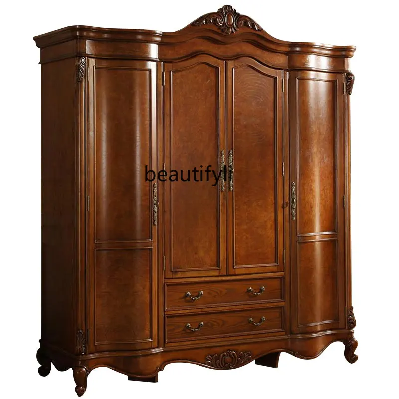 

European-Style Wood Bedroom Carved Wardrobe Locker American Country Retro Four-Door Wardrobe Clothes Closet furniture