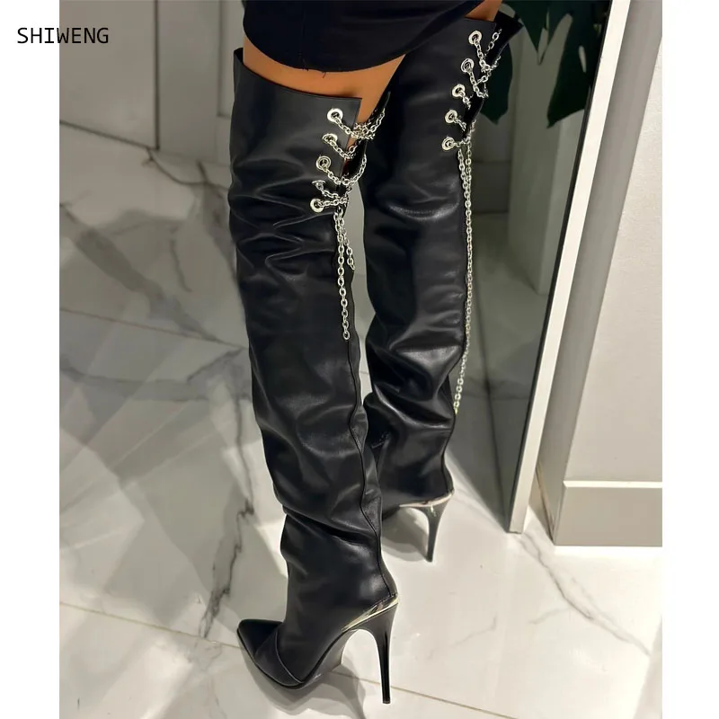2025 Women's  Dance party sexy  knee boots stiletto heel chain metal design boots mirror  PU black boots footwear szie 44