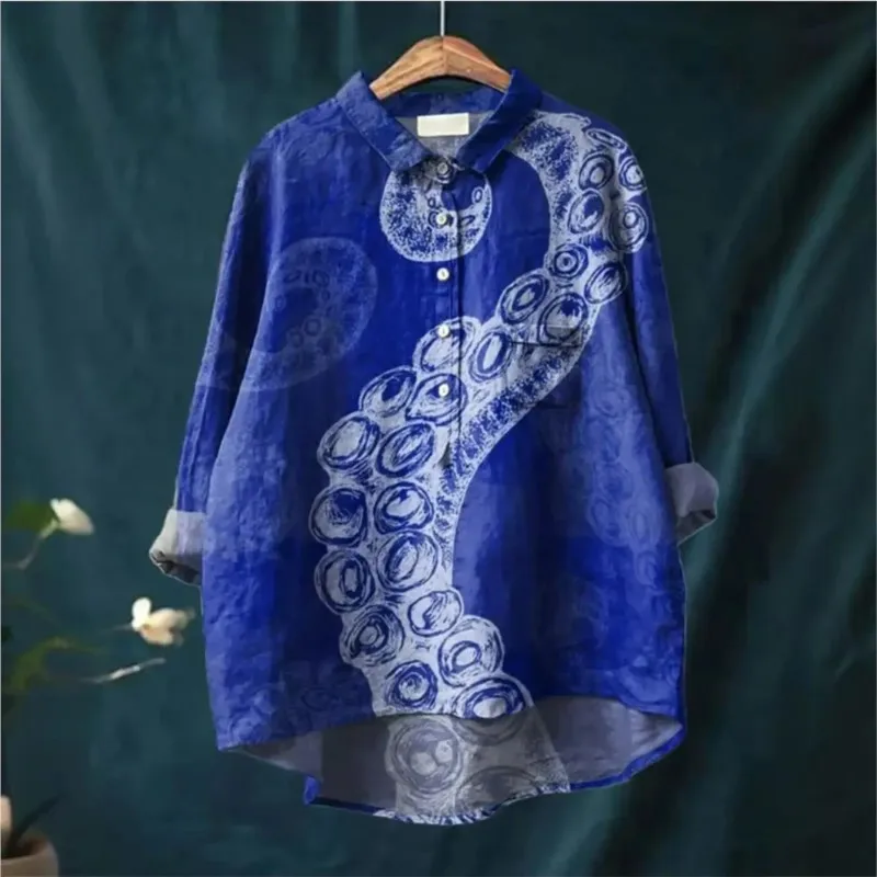 เสื้อเชิ้ตติดกระดุมพิมพ์ลายดอกไม้ทรงหลวมลำลองสำหรับสุภาพสตรี - เสื้อที่น่าสนใจสำหรับแมว สุนัข และสัตว์เล็กๆ ต่างๆ