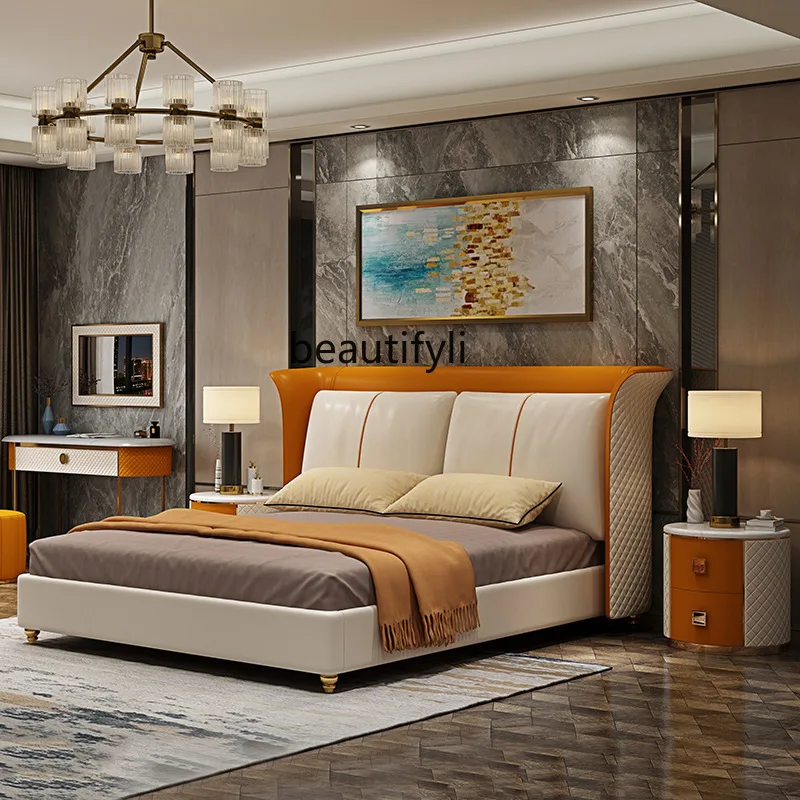 

Stainless Steel Hong Kong Style Light Luxury High-End Leather Bed Master Bedroom Wedding Bed Modern Minimalist Double Bed