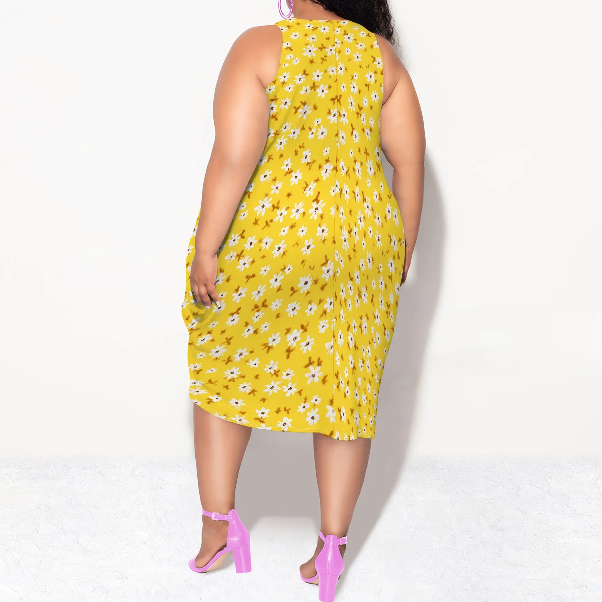Feminino verão sexy sem mangas solto plus size vestido moda impresso praia vestido de festa casual férias midi vestido