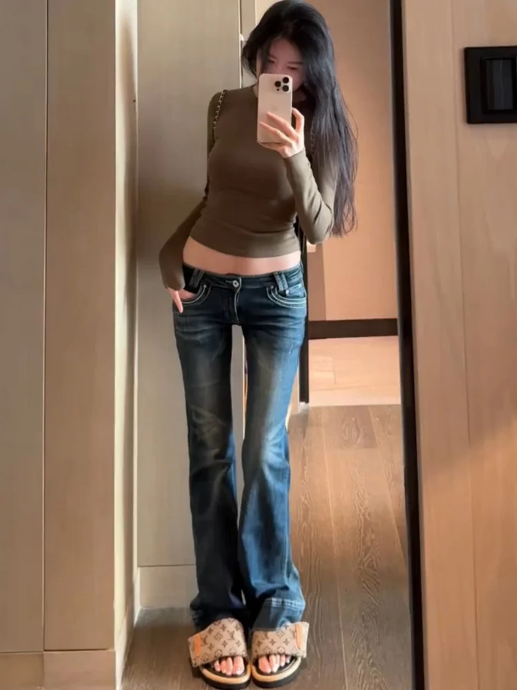 

Ретро-джинсы американского стиля с низкой посадкой, выбеленные, женские, укороченные, синие, из хлопкового стрейч-денима, для стройного силуэта