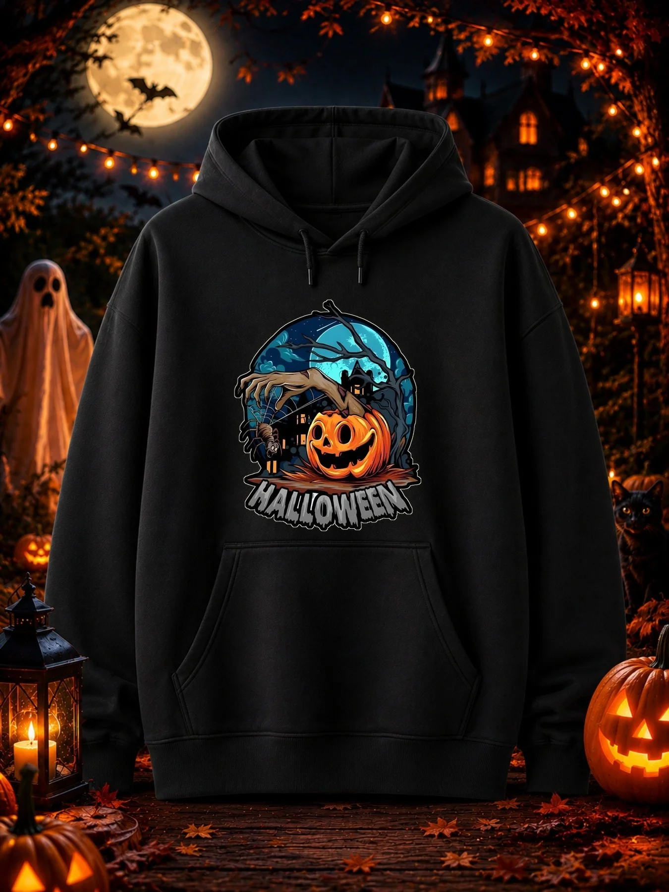 Men's Print Hoodie with A Halloween Theme Featuring Grinning Jack-o-lanterns, Zombie Hands, Haunted Houses, Spiders, Bare Trees, Moonlit Night Scenes, and HALLOWEEN Text Design