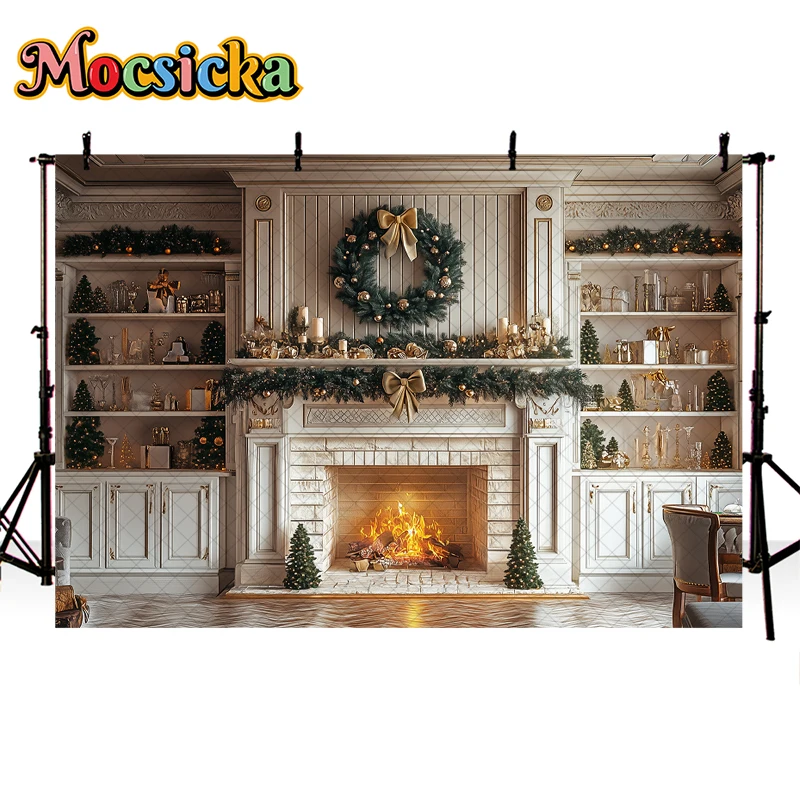 Mocsicka Xmas Living Room Photography Background Fireplace Garland Decor Props Adult Kids Family Portrait Photo Backdrop Studio