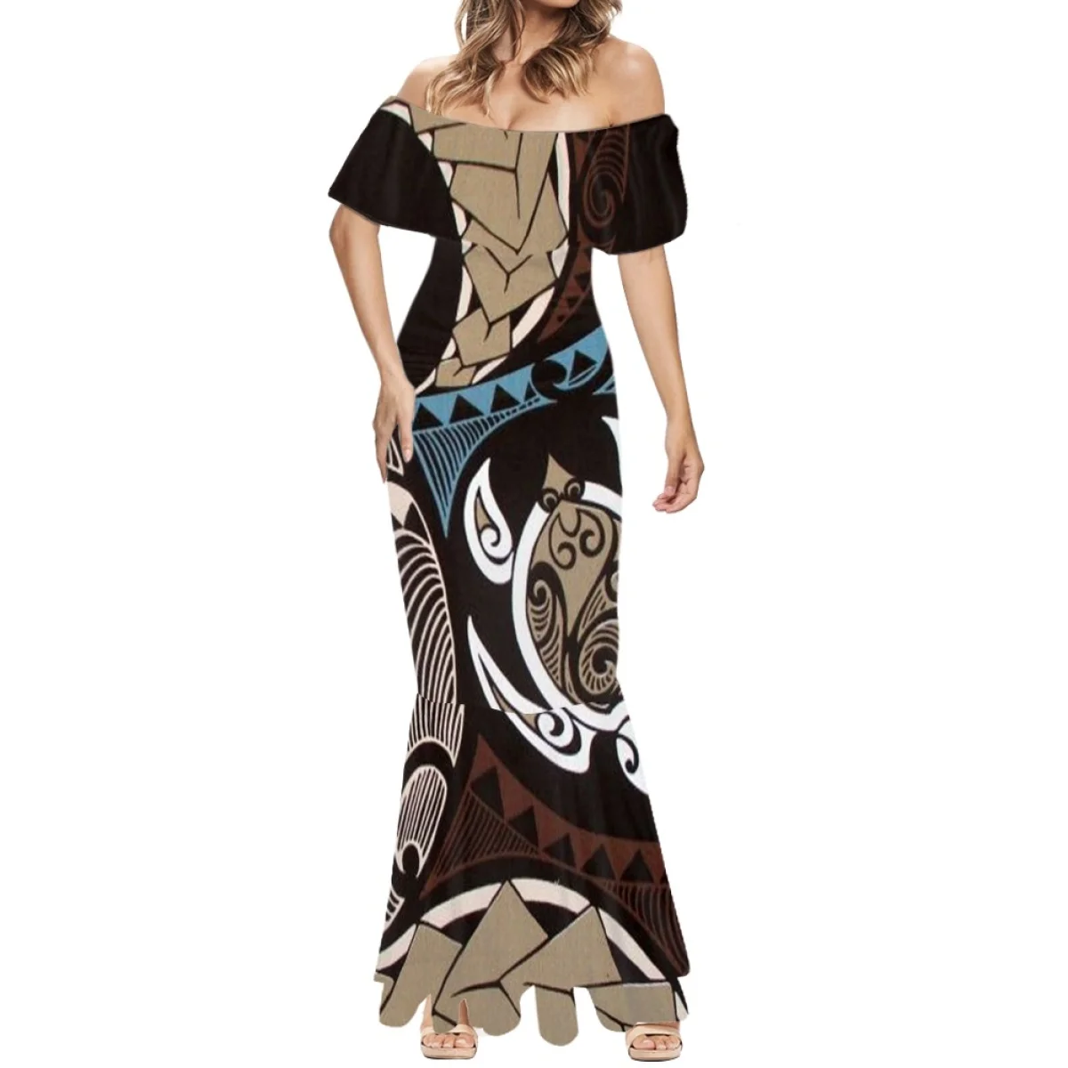 

HYCOOL Polynesia Tribe Beach Women's Short Sleeve Fishtail Dress Hawaii Summer One-Shoulder Hawaiian Tattoos Print Dress 2023