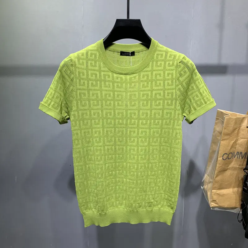 

Summer New Korean Ice Silk Hollow Short Sleeve T-shirt for Men Jacquard Knitted Sweater