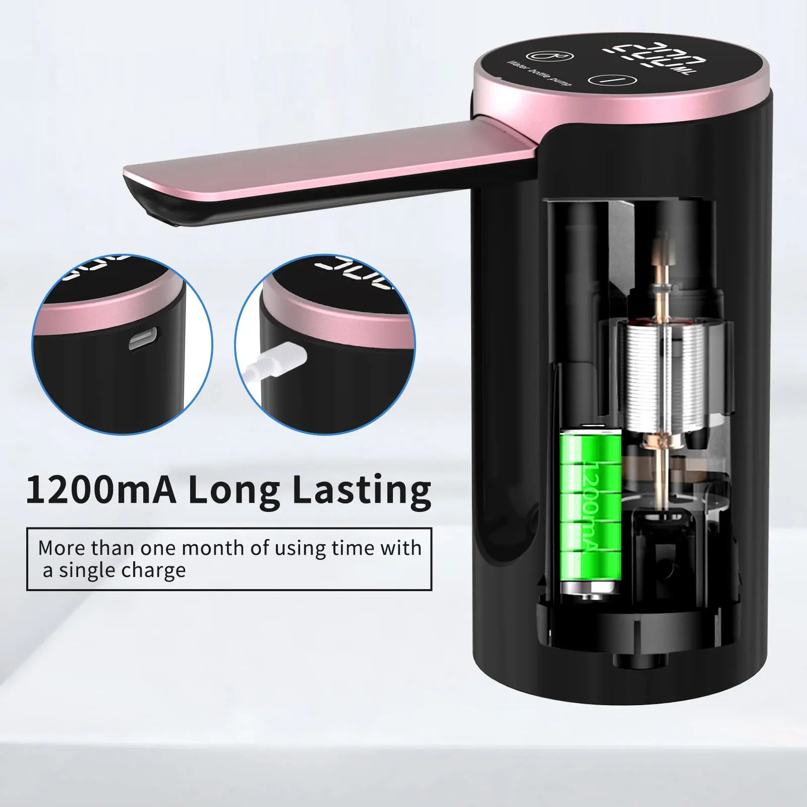 Water Dispenser for 2-5 Gallon Bottle, LED Display Touch Button 3 Quantitative Drinking Water Pump,Type C Charging Water Pump