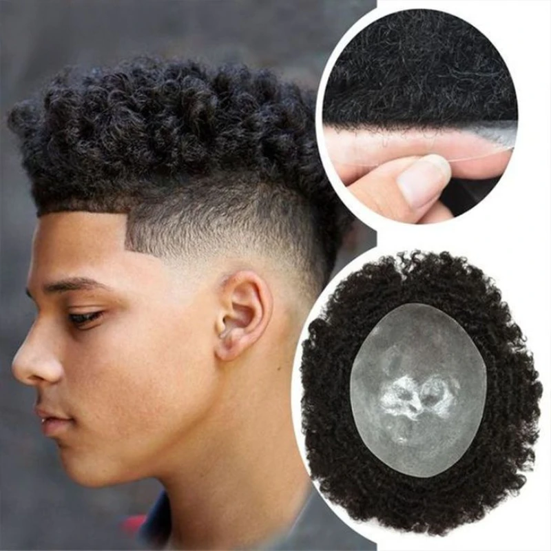 Tupé de pelo rizado de 8mm para hombres, sistema de cabello de Pu completo duradero para hombres negros, pelucas de prótesis de cabello masculino,