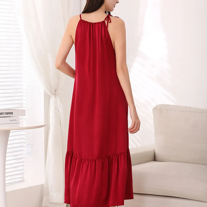 Wedding 100% Mulberry Silk Pajamas Midi Dresses Women Spring Summer Sexy Sling Dress Loose Long Nightdress Sleepwears For Female