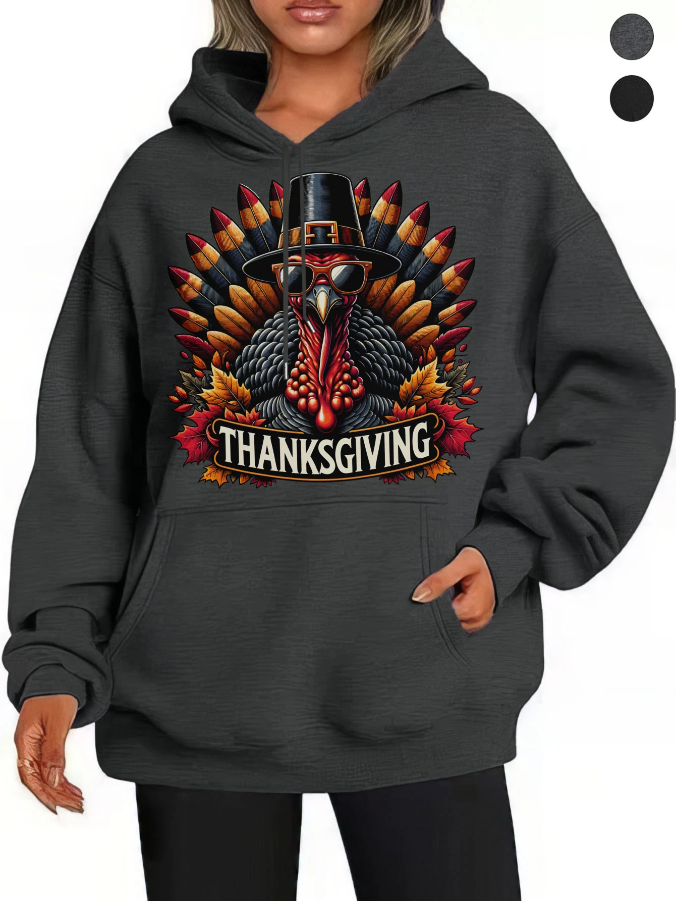Diseño de camiseta de Turquía de Acción de Gracias, cómodas sudaderas con capucha negras y grises para mujer, ajuste holgado de algodón para Halloween, relajación de Otoño/Invierno