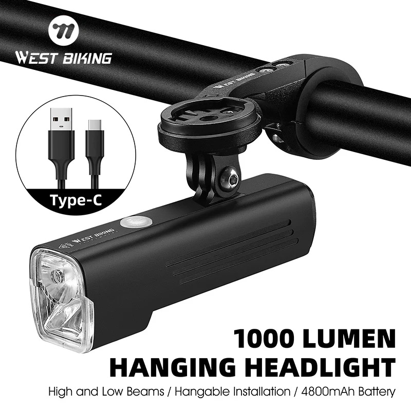 WEST BIKING Bicycle Headlight 1000 Lumens 4800mAh Bike Front Light Lightweight Waterproof 7 Modes Bike Light Cycling Accessories