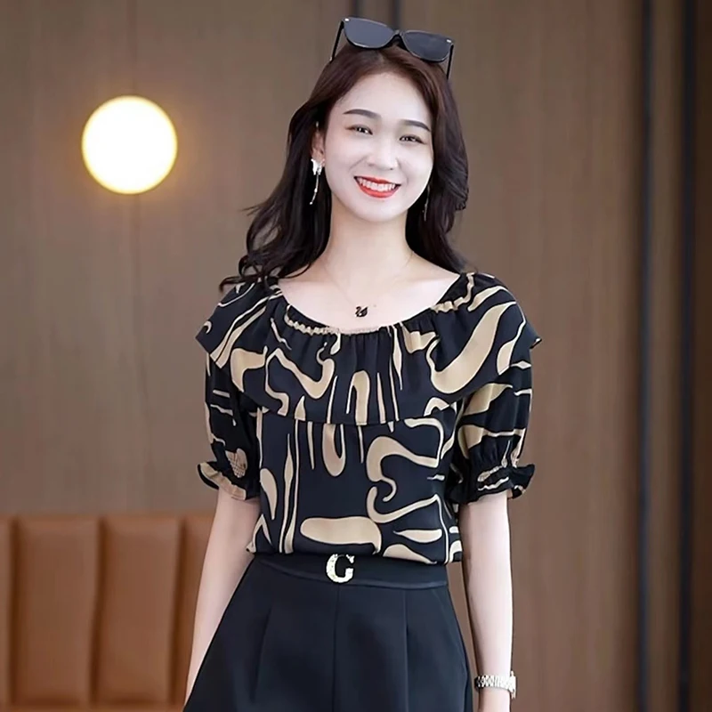 

Fashion Slash Neck Printed Ruffles Chiffon Blouses Women Clothing 2024 Summer New Loose All-match Tops Butterfly Sleeve Shirts