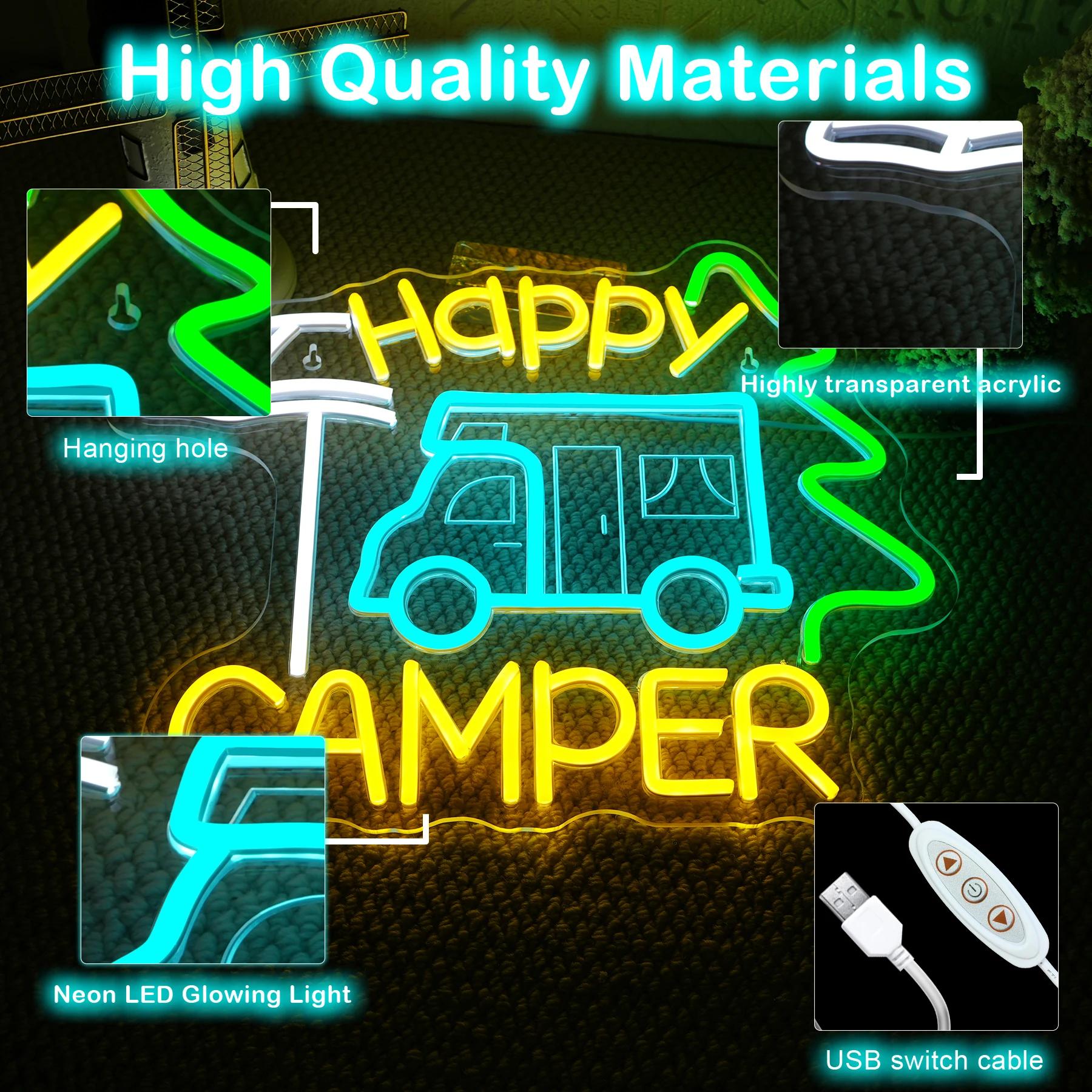 Happy Camper Neon Sign Dimmable Camping Light Up Sign for Touring Car Gifts Campsite Decorations Inside Camper Backdrop