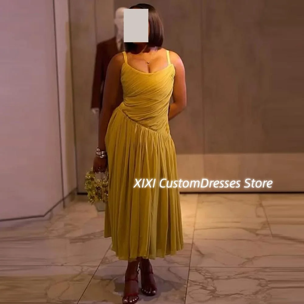 Gaun Malam Dubai Gaun Acara Formal A-Line Ruffle Panjang Hingga Mata Kaki Ritsleting Tali Spaghetti Vestidos De Fiesta Tanpa Lengan