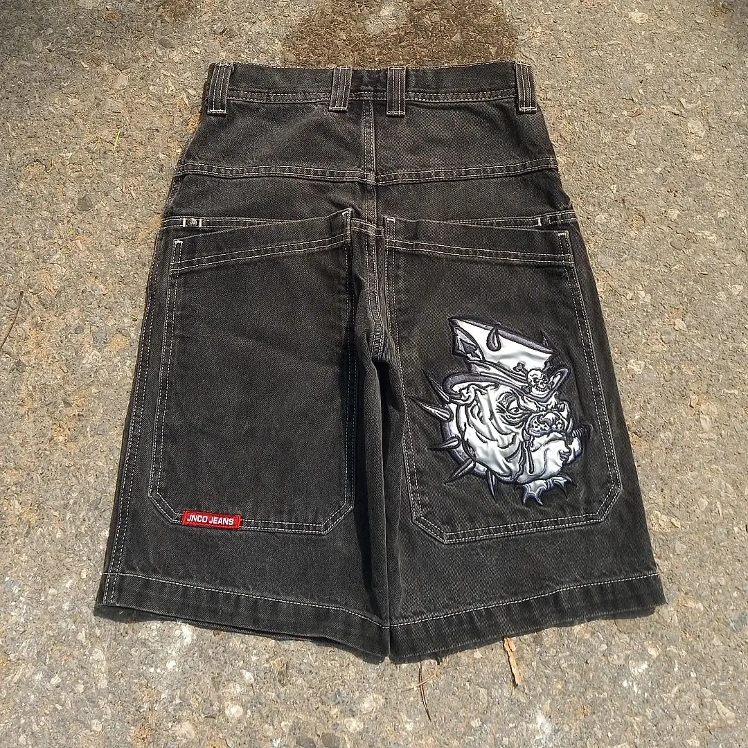 JNCO-pantalones cortos de Hip Hop para hombre, ropa de calle con esqueleto Retro, pantalones vaqueros holgados para gimnasio, Harajuku, gótico,