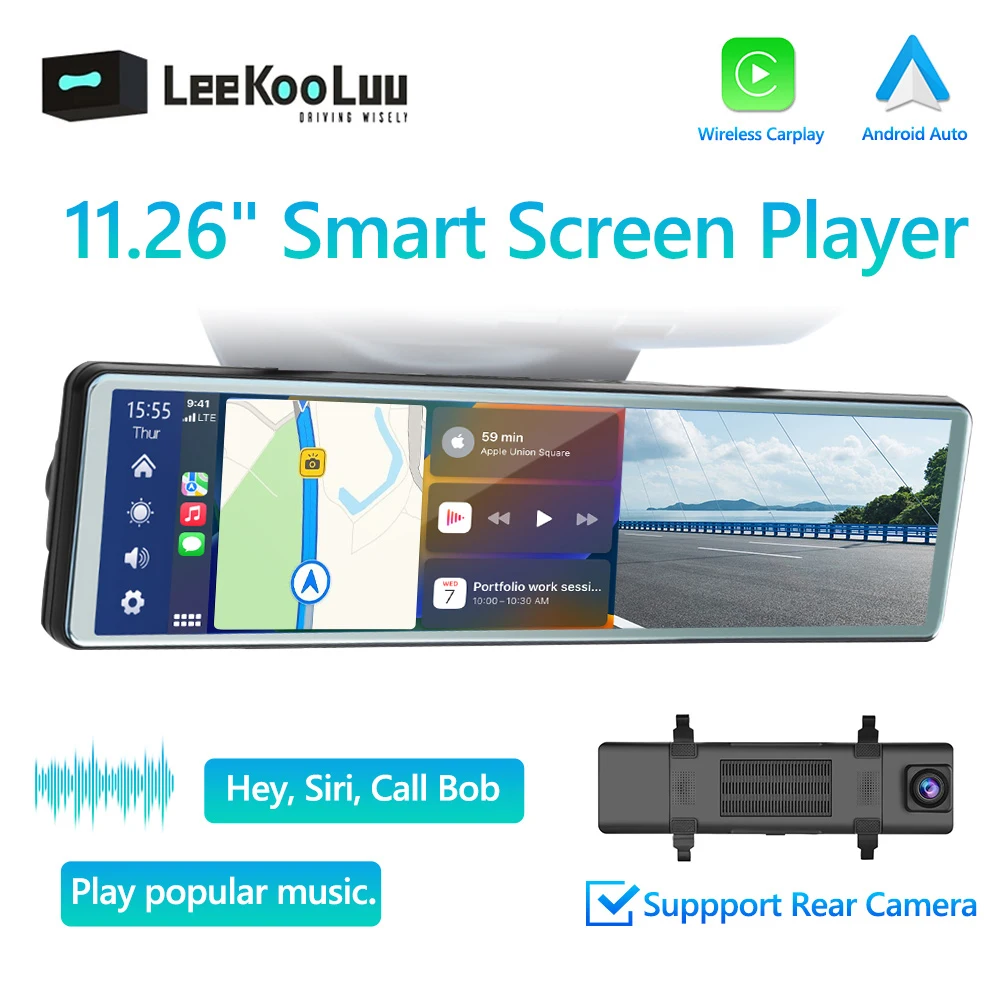 

LeeKooLuu 11.26" Wireless CarPlay & Android Auto Car Mirror Video Player Front DVR Rear Camera Voice Control FM transmitter