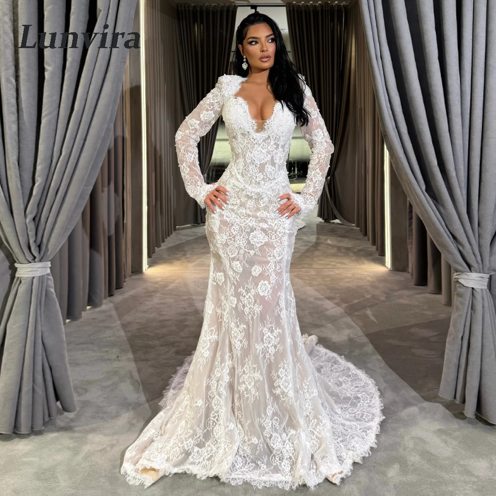 Lunvira Charming Backless Wedding Dress Cap Sleeves Lace Appliques V-neck Mermaid Chapel Train Abito Da Sposa Customized