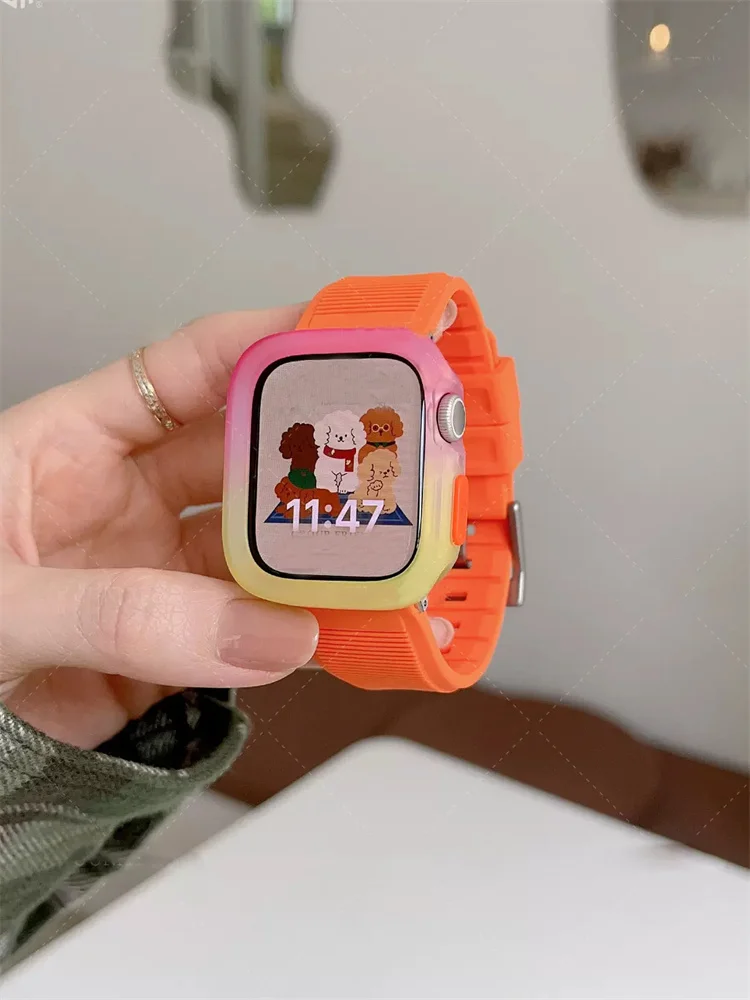 New Sports Silicone Strap + Gradual Change Case For Apple Watch Band Ultra2 49mm 45 44 42 Correa Band For Iwatch Series 9 8 SE 7
