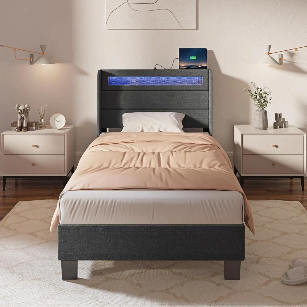 Bed Frame with LED Lights and Charging Station,Upholstered Bed with Motion Activated Night Light and Wood Slats,Dark Grey