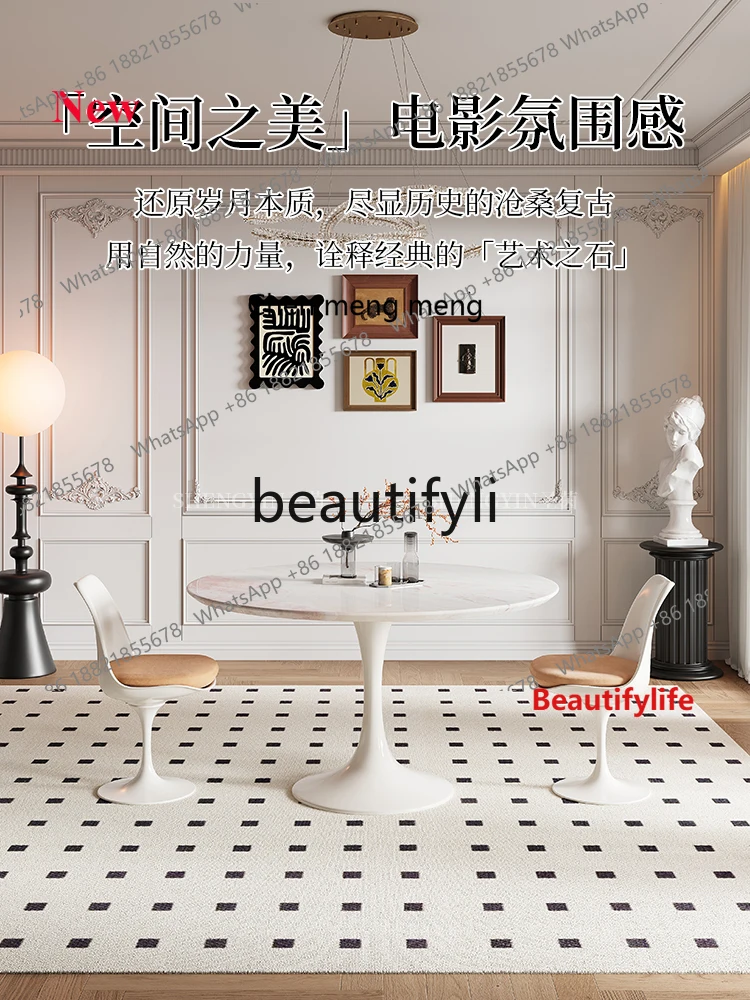 

A32 Обеденный стол из натурального мрамора во французском кремовом стиле, домашний роскошный каменный круглый обеденный стол и набор стульев