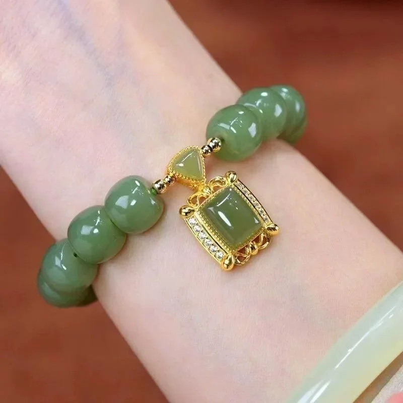 Natural Hetian Jade Barrel Bead Stretch Bracelet Square Jade Pendant Gold Plated Vintage Chinese Style Women Elastic Beaded Bracelet