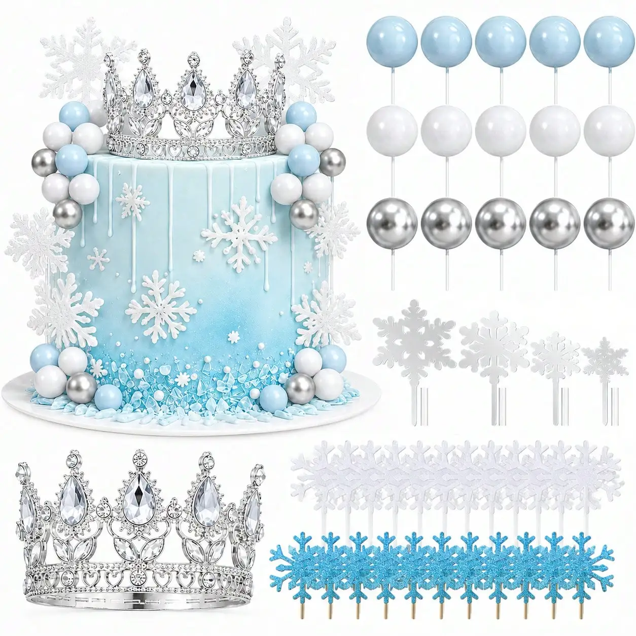 Winter Snowflake Crown Cake Decor Set Blue Silver Ball Cake for Frozen Theme Girls Birthday Party Dessert Cake Decor Supplies