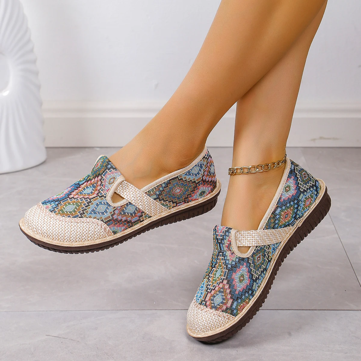 Women's Ethnic Print Linen Slip-On Shoes, Breathable Flat Loafers with Non-slip Sole, Comfortable Casual Walking Shoes for Elder