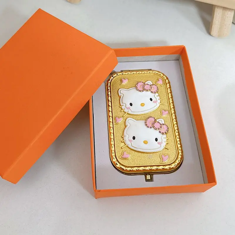 Sanrio Kawaii Hello Kitty กระจกพับนักเรียนแบบพกพากระจกสีทองอะนิเมะอุปกรณ์เสริมหอพักแต่งหน้ากระจกของขวัญ
