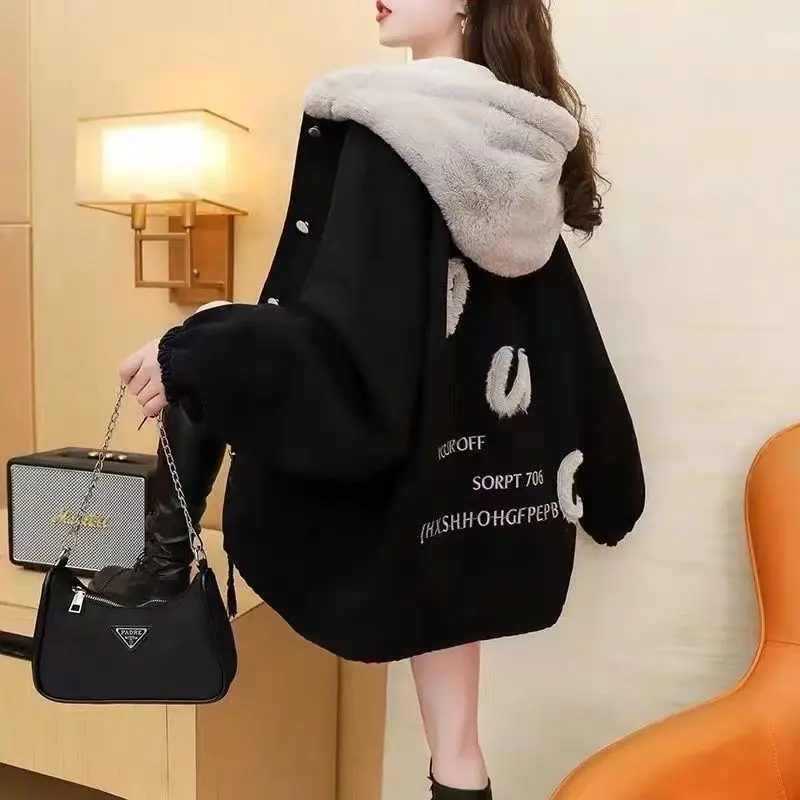 Women's Fleece Lined Thickened Denim Jacket Autumn Winter New Style Loose Korean Version Cotton Coat Warm Top with Hood