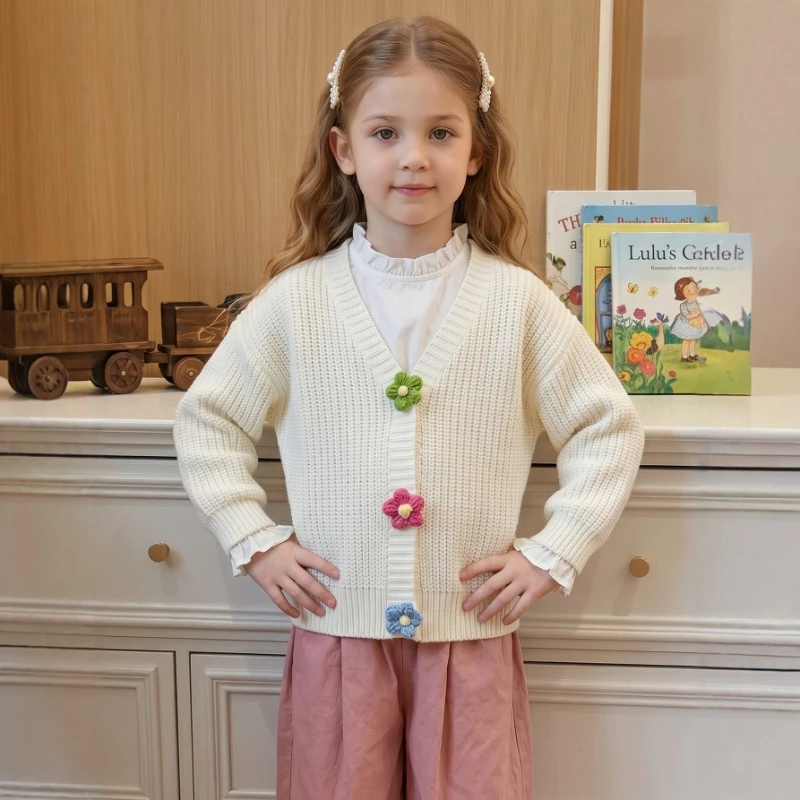 2026 Girls' V-neck Knitted Flower Sweater College Style Vertical Stripe Pit Pattern Western Style Cardigan