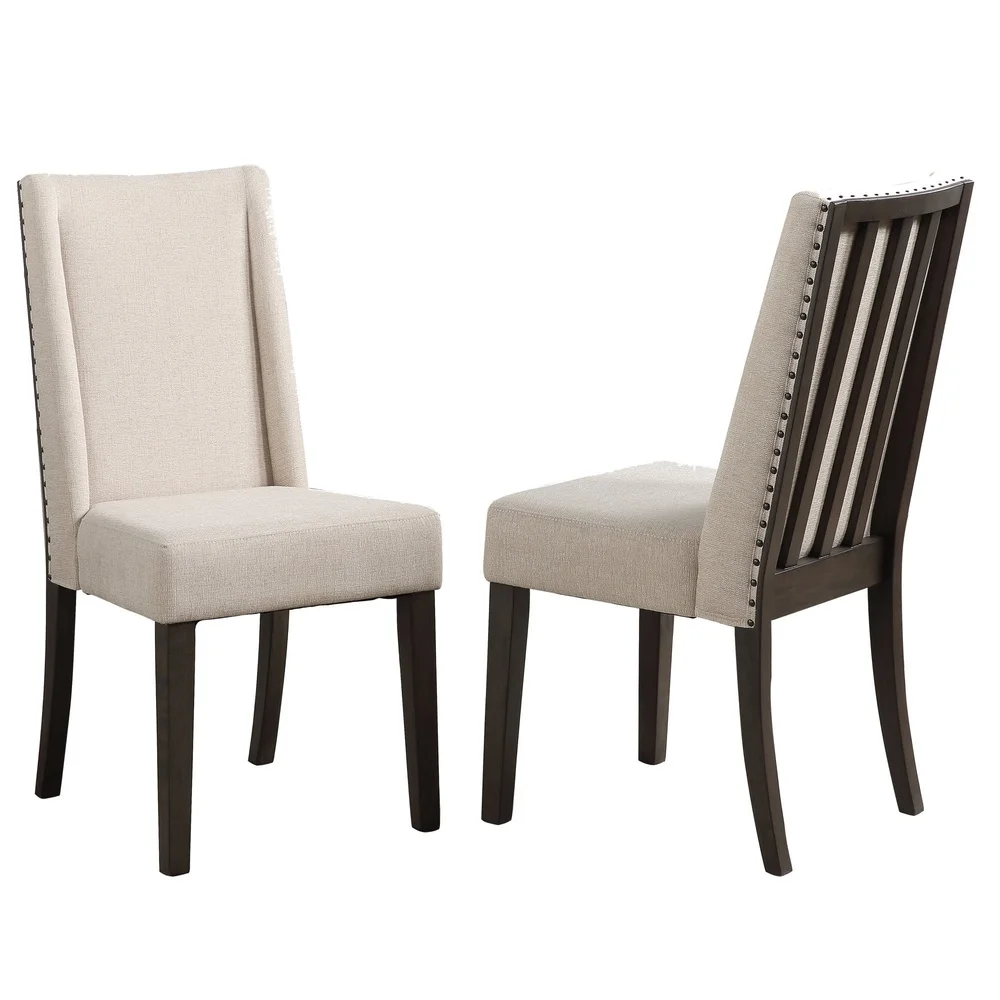 Modern Upholstered Dining Chair Set of 2 Wingback Design Solid Wood Legs Durable Polyester Fabric Easy Care Indoor Use