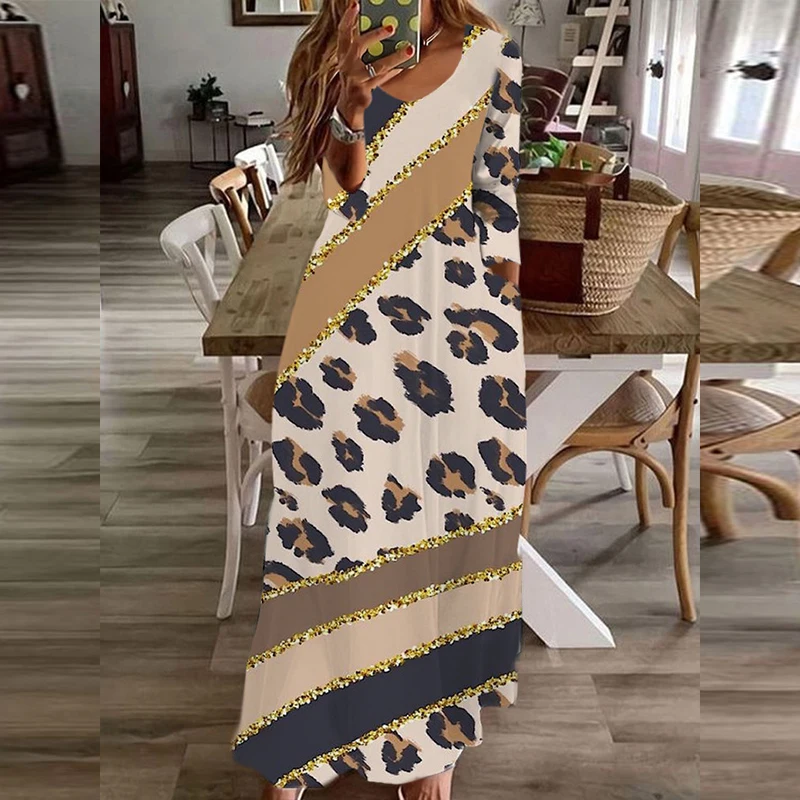 Grote Maat Dames U-Hals Boho Maxi Jurk Lente Luipaard Print Pailletten Patchwork Lange Jurk Lange Mouw Zak Dames Jurken