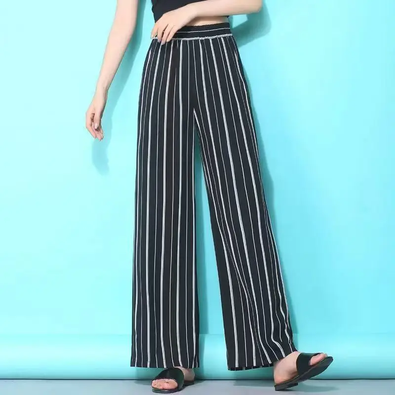 Summer Thin Stripe Wide Leg Pants Women Oversize 3xl Fashion Elastic High Waist Baggy Pantalones Office lady Straight Trousers