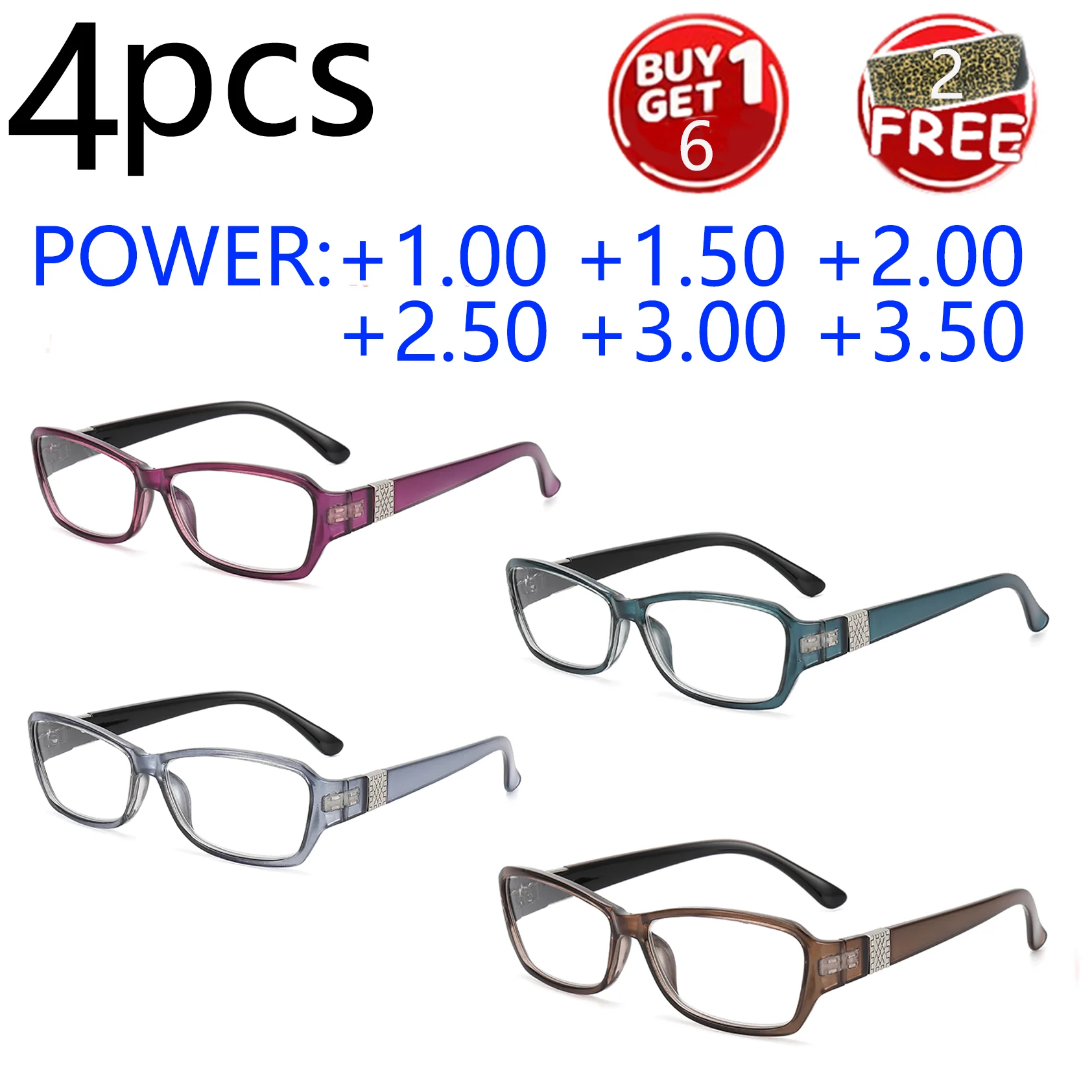 

4PCS Textured Reading Glasses, HD Lenses, Metal Hinges for Better Stability, Power: 1.00 - 3.50