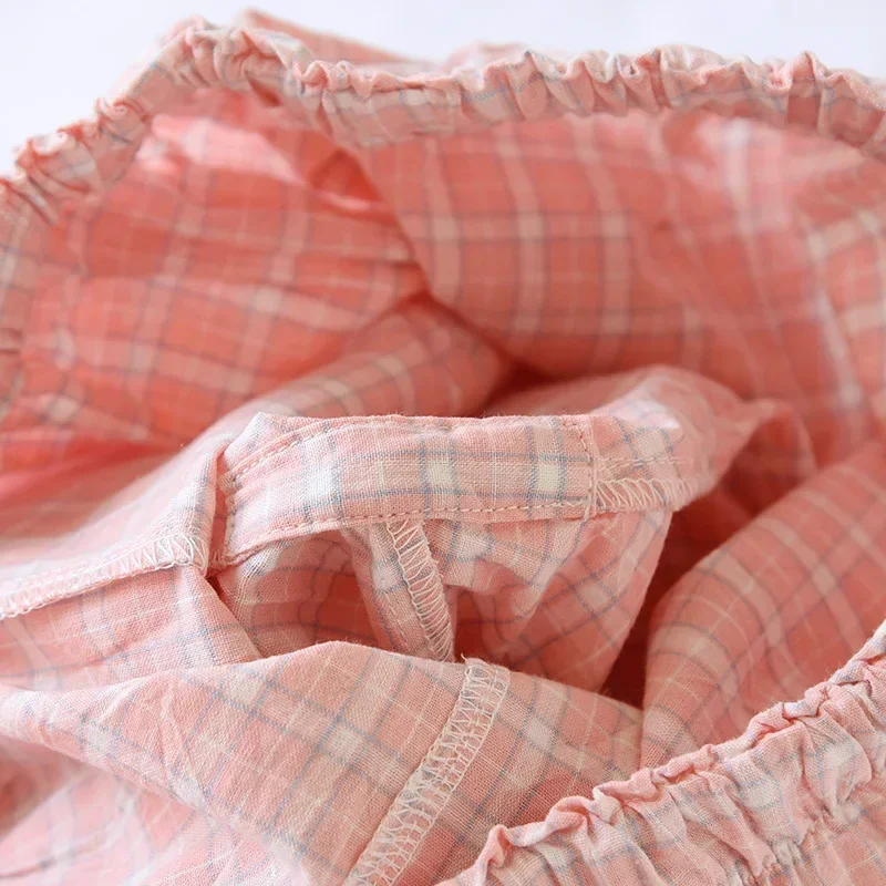 2025 Spring/Summer New Couple Sleeper Pants 100% Cotton Gauze Couple Pants Thin Simple Checkered Home Pants Cute Bottoms